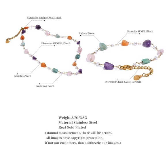 New 18k gold  multi Natural Stone & Pearls Chain Stainless Steel Necklace - Picture 4 of 5